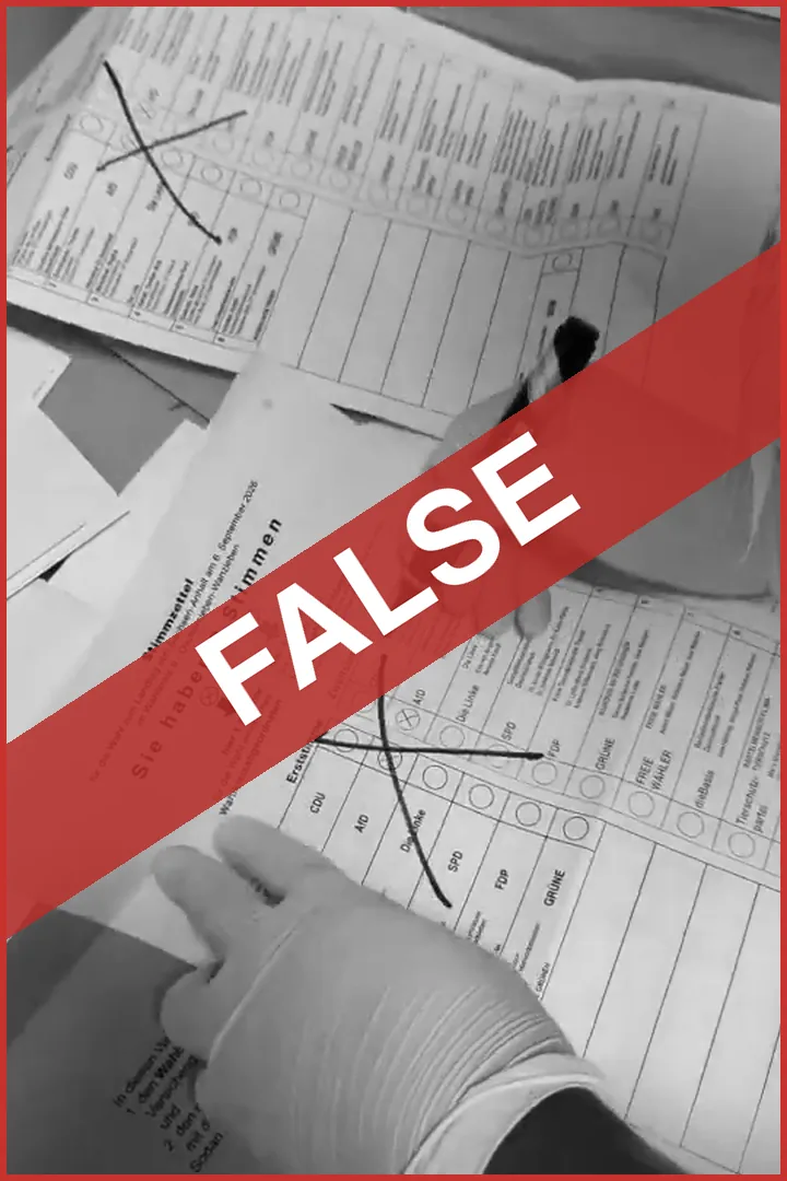 FALSE: a gloved hand crosses out ballot papers with a marker