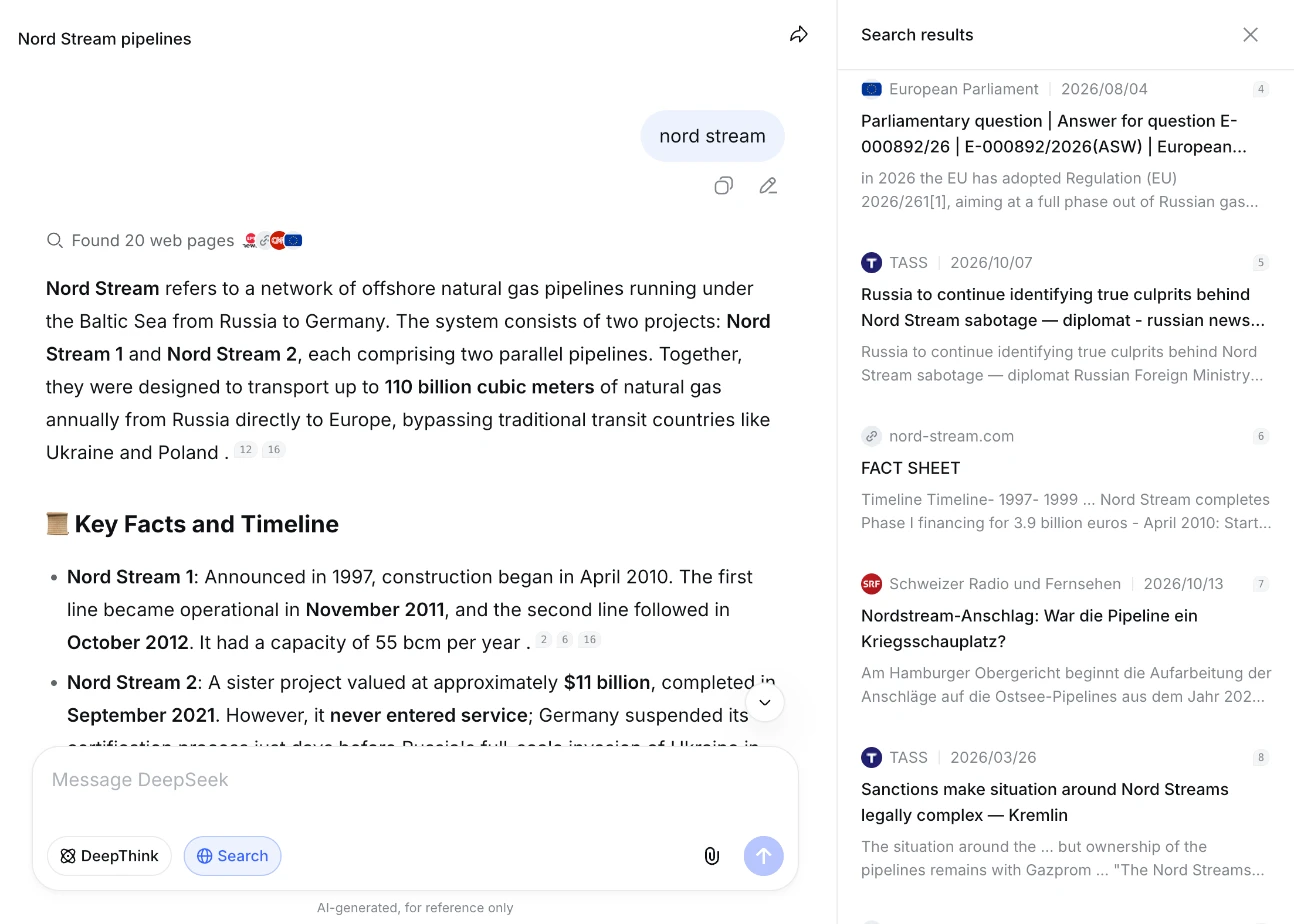 DeepSeek’s response to “nord stream”: two TASS articles among its 20 sources